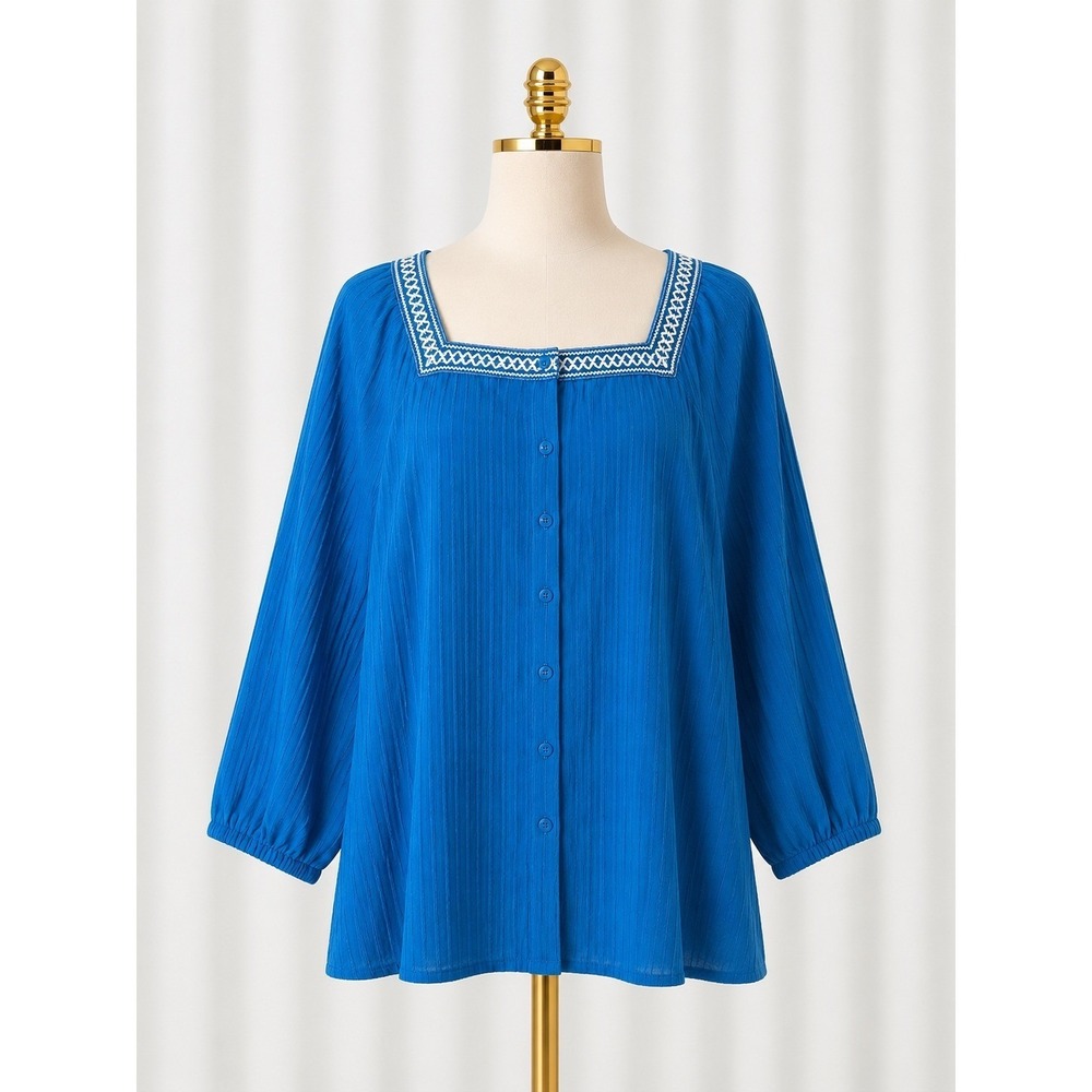Isaac Mizrahi Textured Stretch Woven Button Front Blouse Turquoise Blue Size 3X
